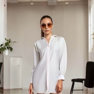 Women Shirt LIZ CLAIBORNE White Cotton Long Sleeve Point Collar Button Down Top